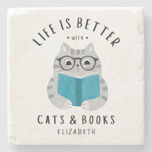 Porta-copo De Pedra Gato Amoroso Amante de Livros Lendo Livro Personal