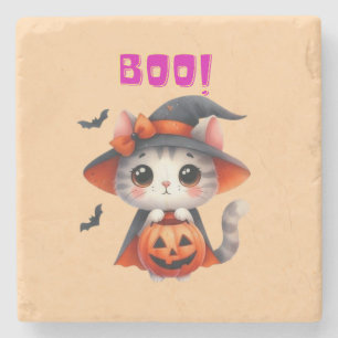 Porta-copo De Pedra Gato de Halloween bonito com abóbora e Deco de Cha