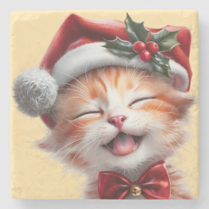 Porta-copo De Pedra Gato de Natal bonito com Chapéu Santa e Arco