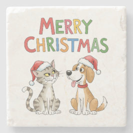 Porta-copo De Pedra Gato de Natal e Cachorro Bonitos com Chapéus Santa