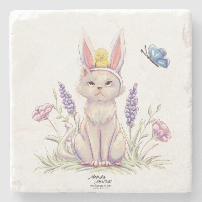 Porta-copo De Pedra Gato de Páscoa Fofo com Ilustração de Pintinho (Frente)