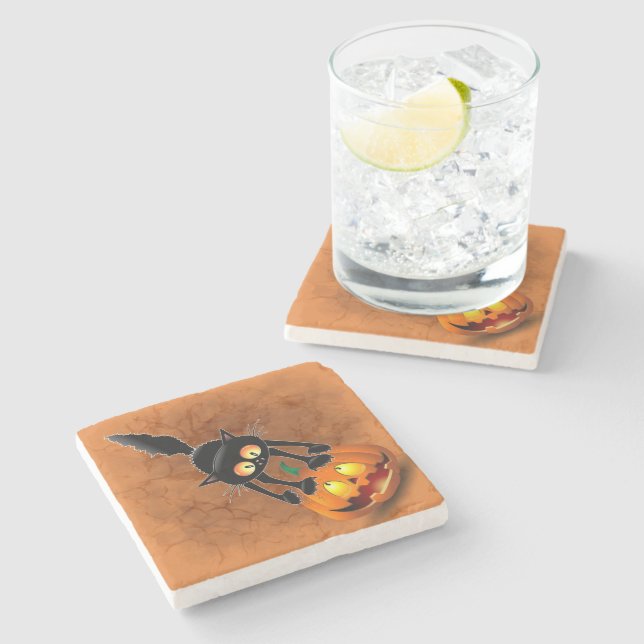 Porta-copo De Pedra Gato Halloween Caricatura Assustada na Pumpkin (Lateral)