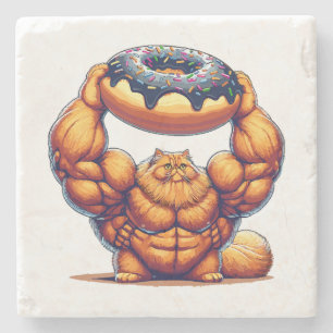Porta-copo De Pedra Gato Musculoso Levantando Donut