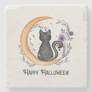 Porta-copo De Pedra Gato Negro e Lua Crescente para Feliz Halloween