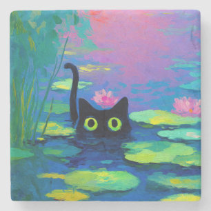 Porta-copo De Pedra Gato Negro Engraçado Nadando Pond Quirky Art