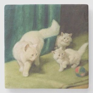 Porta-copo De Pedra Gato persa branco com dois gatinhos