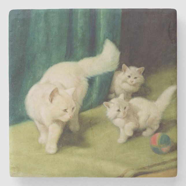 Porta-copo De Pedra Gato persa branco com dois gatinhos (Frente)