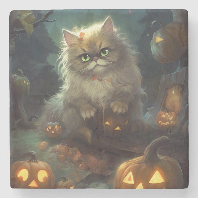 Porta-copo De Pedra Gato Persa do Halloween Com Pumpkins Assustado (Frente)