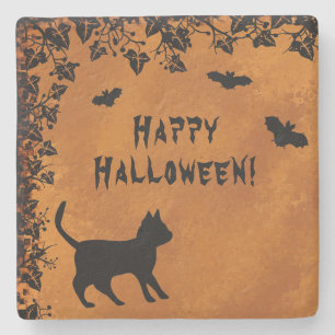 Porta-copo De Pedra Gato Preto com Bat, Feliz Dia das Bruxas