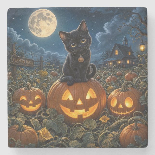 Porta-copo De Pedra Gato Preto de Halloween (Frente)