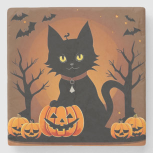 Porta-copo De Pedra Gato Preto de Halloween Cercado por Jack-o'-Lanter
