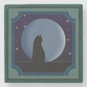 Porta-copo De Pedra Gato Preto, Lua Cheia, Estrelas