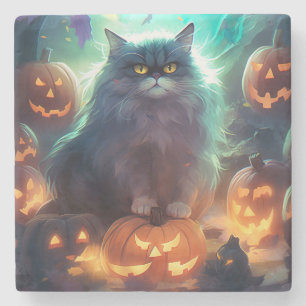 Porta-copo De Pedra Gato Siberiano De Halloween Com Pumpkins Assustado