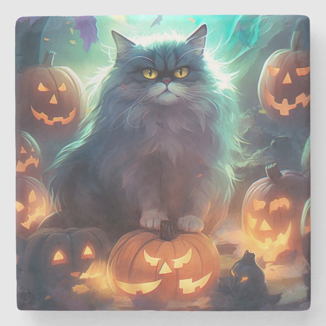 Porta-copo De Pedra Gato Siberiano De Halloween Com Pumpkins Assustado (Frente)