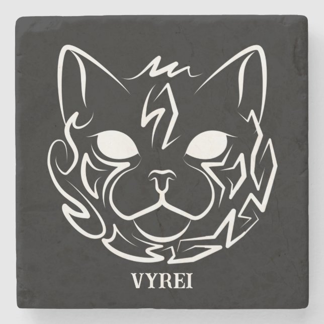 Porta-copo De Pedra Gato Tribal Negro e Branco (Frente)