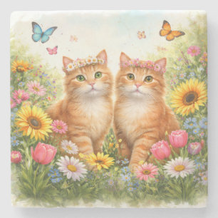 Porta-copo De Pedra Gatos Laranja Gêmeos Adoráveis com Coroas de Flore