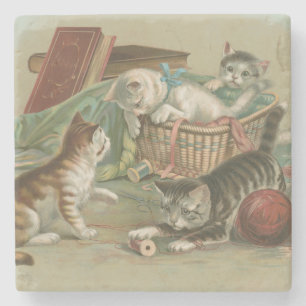 Porta-copo De Pedra Gatos Vitorianos Antigos Brincando na Cesta de Cos