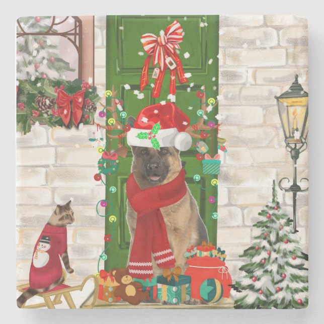 Porta-copo De Pedra German shepherd de Natal (Frente)