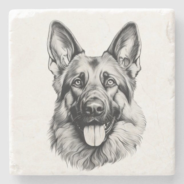 Porta-copo De Pedra German Shepherd Sketch Stone Coaster | B&W (Frente)
