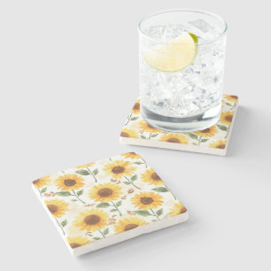 Porta-copo De Pedra Girassóis Amarelos Aquarela Floral Caprichoso