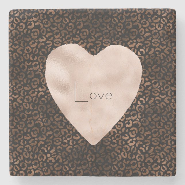 Porta-copo De Pedra Glam Brown Black Leopard Print Heart (Frente)