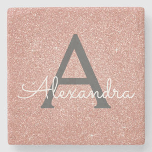 Porta-copo De Pedra Glitter e Brilho em Dourado Rosa Monograma