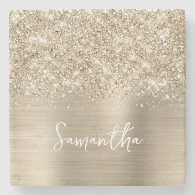 Porta-copo De Pedra Glittery Pale Gold Glam Name (Frente)