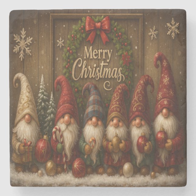 Porta-copo De Pedra Gnomos de Natal Lindos e Alegres (Frente)