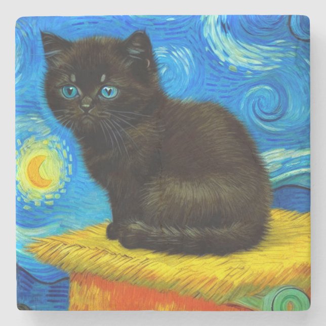 Porta-copo De Pedra Gogh Style Starry Night Cat (Frente)