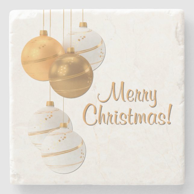 Porta-copo De Pedra Gold and White Christmas Balls Custom Text (Frente)