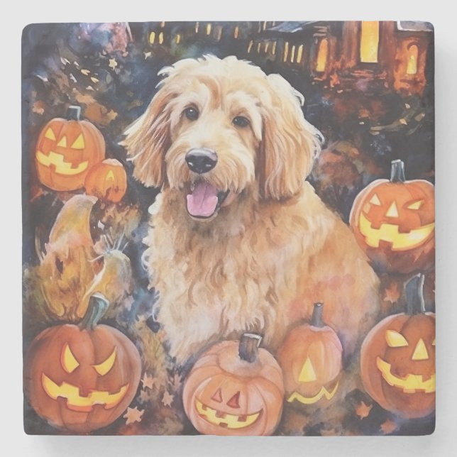Porta-copo De Pedra Goldendoodle do Halloween Com Pumpkins Assustado (Frente)
