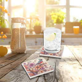 Porta-copo De Pedra Gorgeous Red bird e floral Verão