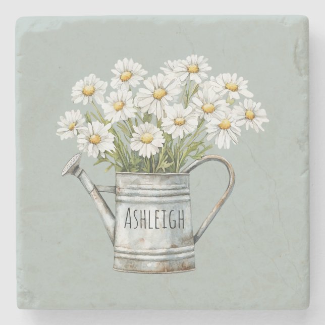 Porta-copo De Pedra Green Daisy Flowers (Frente)
