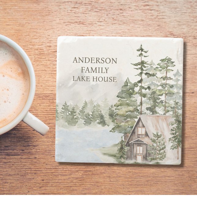 Porta-copo De Pedra Green Pine Forest Family Lake House Cabine (In situ)