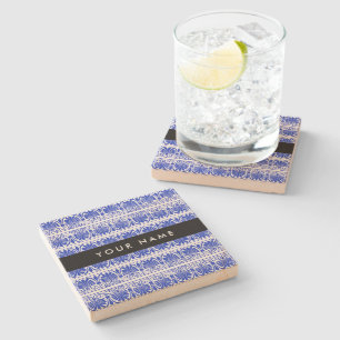 Porta-copo De Pedra Grego Fret Arabesque Azul, Seu Nome, Personalize