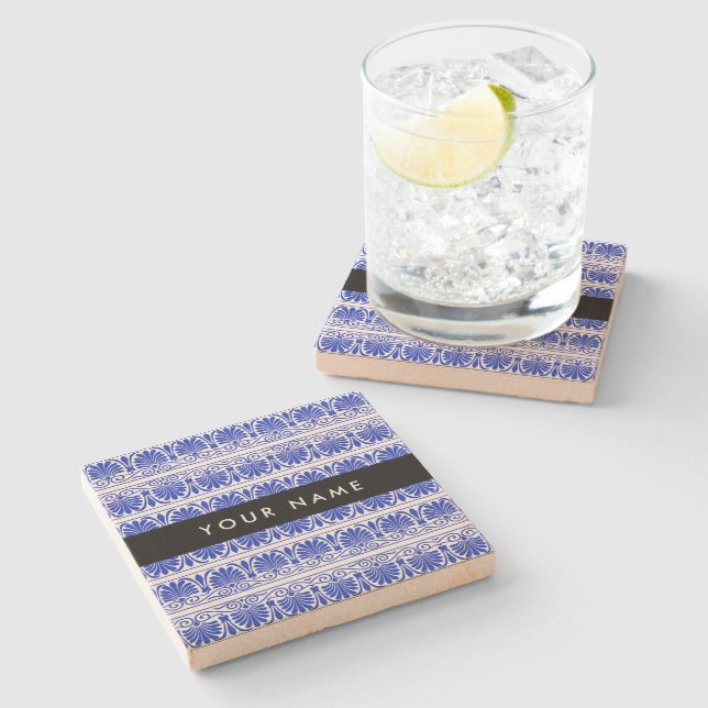 Porta-copo De Pedra Grego Fret Arabesque Azul, Seu Nome, Personalize (Lateral)