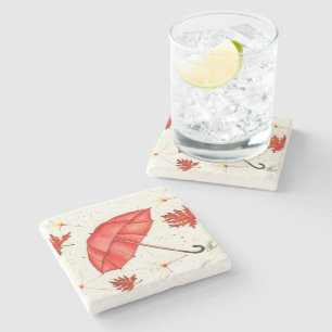 Porta-copo De Pedra Guarda-chuva vermelha brilhante e folhas vermelhas