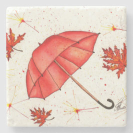 Porta-copo De Pedra Guarda-chuva vermelha brilhante e folhas vermelhas