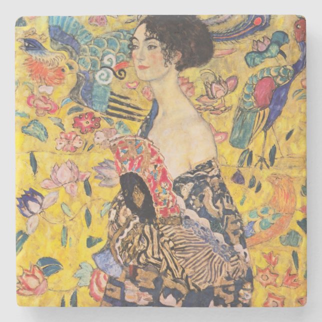 Porta-copo De Pedra Gustav Klimt - Dama com Leque (Frente)