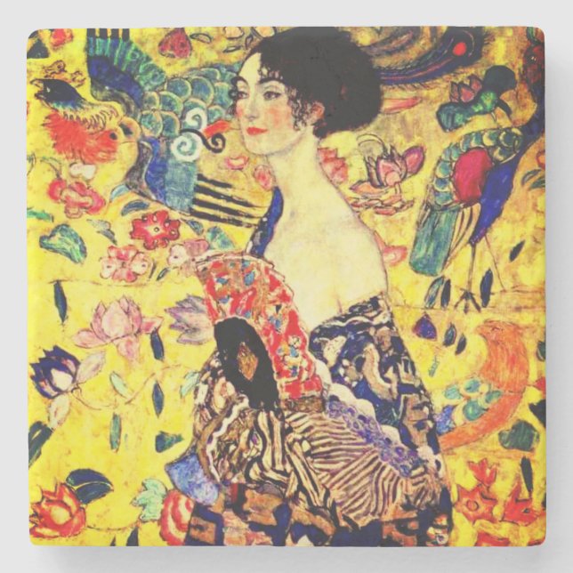 Porta-copo De Pedra Gustav Klimt Dama com Leque (Frente)