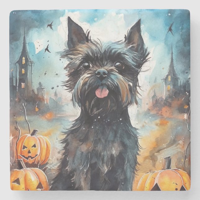 Porta-copo De Pedra Halloween Affenpinscher Com Pumpkins Assustado (Frente)