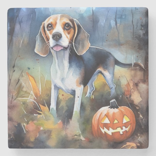 Porta-copo De Pedra Halloween Beagle Com Pumpkins Assustado (Frente)