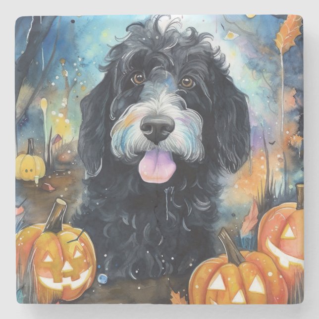 Porta-copo De Pedra Halloween Bernedoodle Com Pumpkins Assustado (Frente)