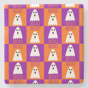 Porta-copo De Pedra Halloween Boo Ghost Purple e Orange Squares