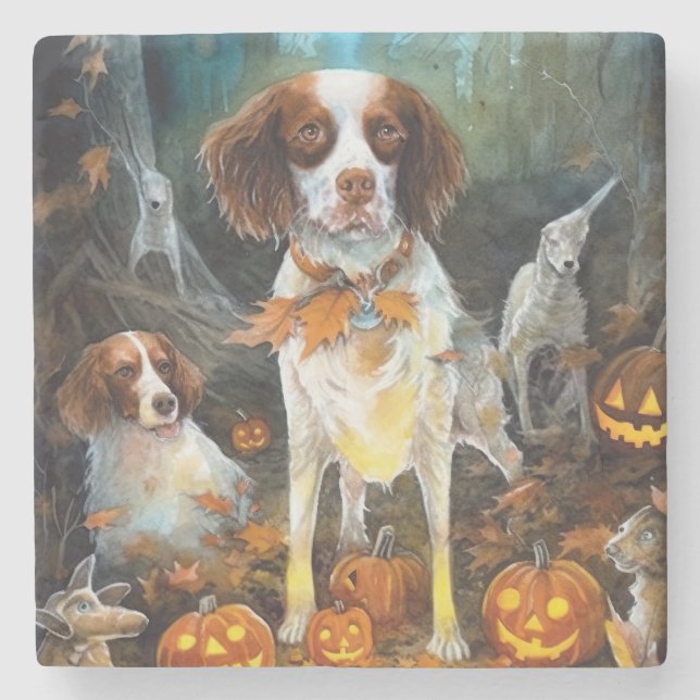 Porta-copo De Pedra Halloween Brittany Spaniel Com Pumpkins Assustado (Frente)