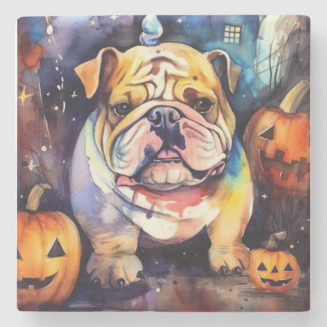 Porta-copo De Pedra Halloween Bulldog Com Pumpkins Assustado (Frente)
