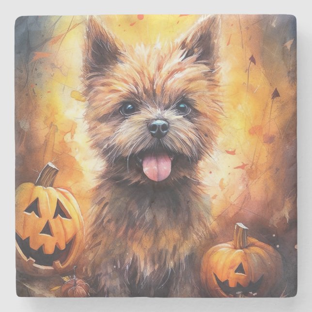 Porta-copo De Pedra Halloween Cairn Terrier Com Pumpkins Assustado (Frente)
