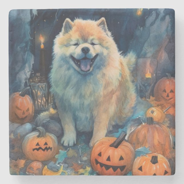 Porta-copo De Pedra Halloween Chow Chow Com Abóboras Assustador  (Frente)