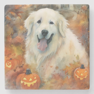 Porta-copo De Pedra Halloween Great Pyrenees Com Abóboras Assustador