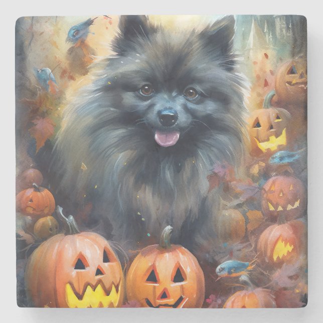 Porta-copo De Pedra Halloween Keeshond Com Pumpkins Assustado (Frente)